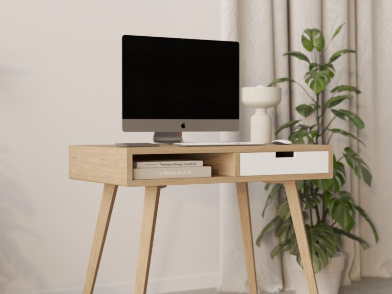 Bureau design en bois avec tiroir blanc, aux bords arrondis