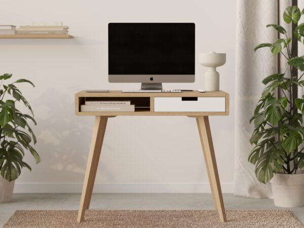 Bureau design en bois avec tiroir blanc, aux bords arrondis