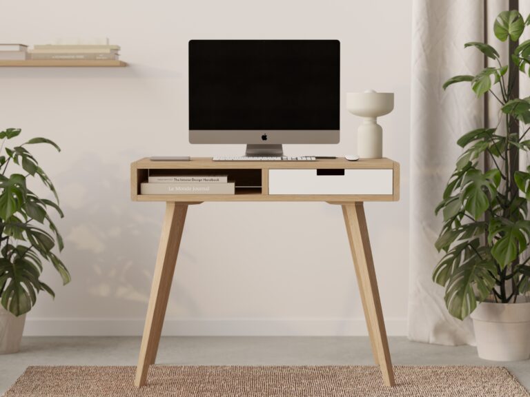 Bureau design en bois avec tiroir blanc, aux bords arrondis