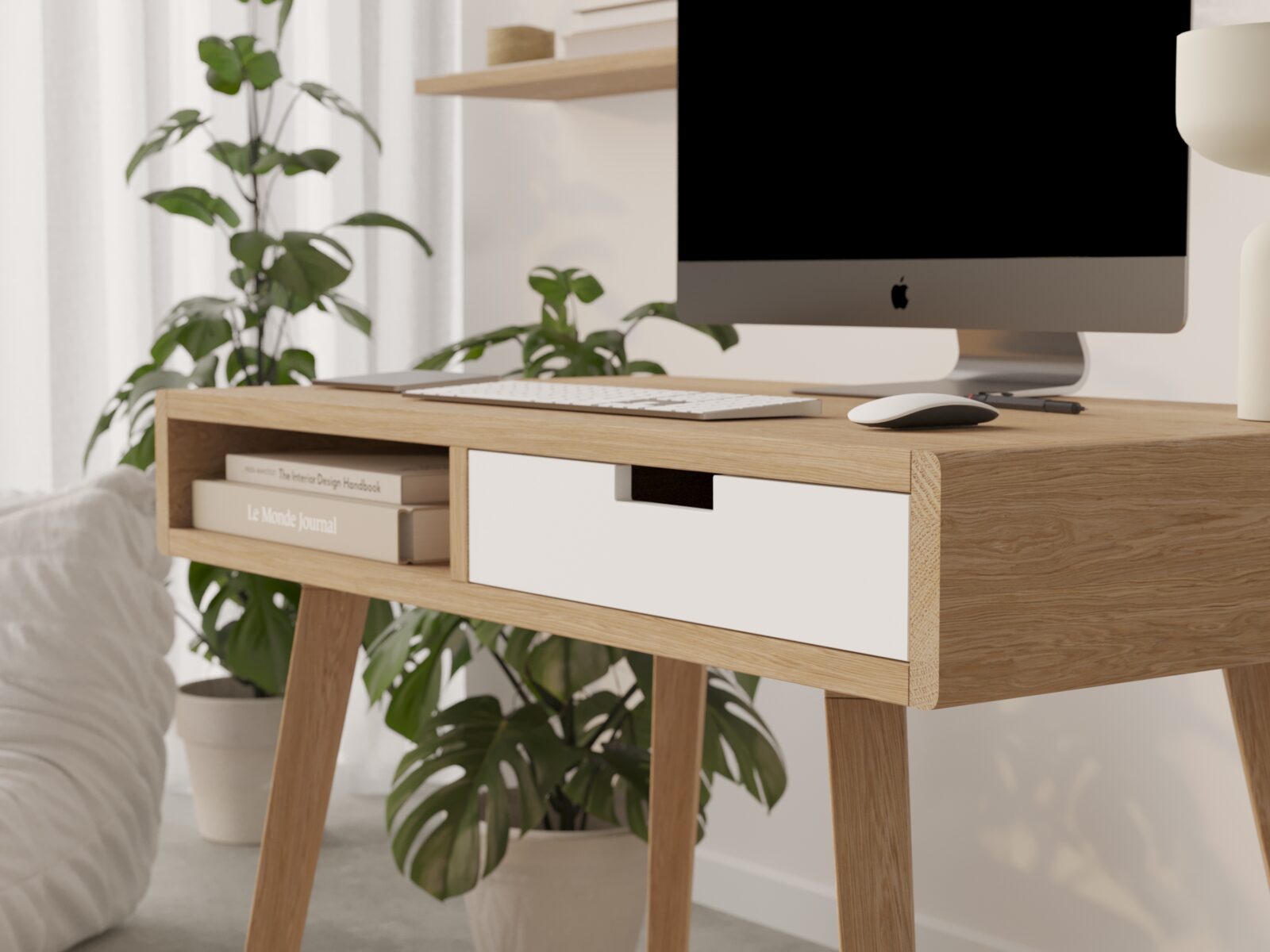 Bureau design en bois avec tiroir blanc, aux bords arrondis