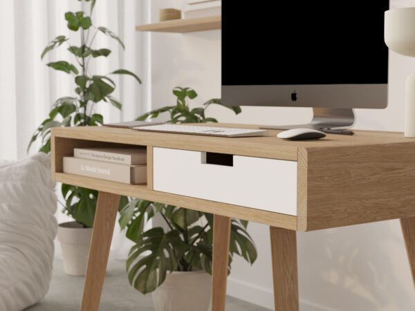 Bureau design en bois avec tiroir blanc, aux bords arrondis