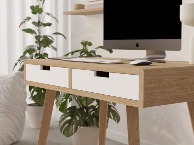 Bureau en bois 90 cm avec tiroirs blancs et étagère