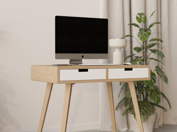 Bureau en bois 90 cm avec tiroirs blancs et étagère