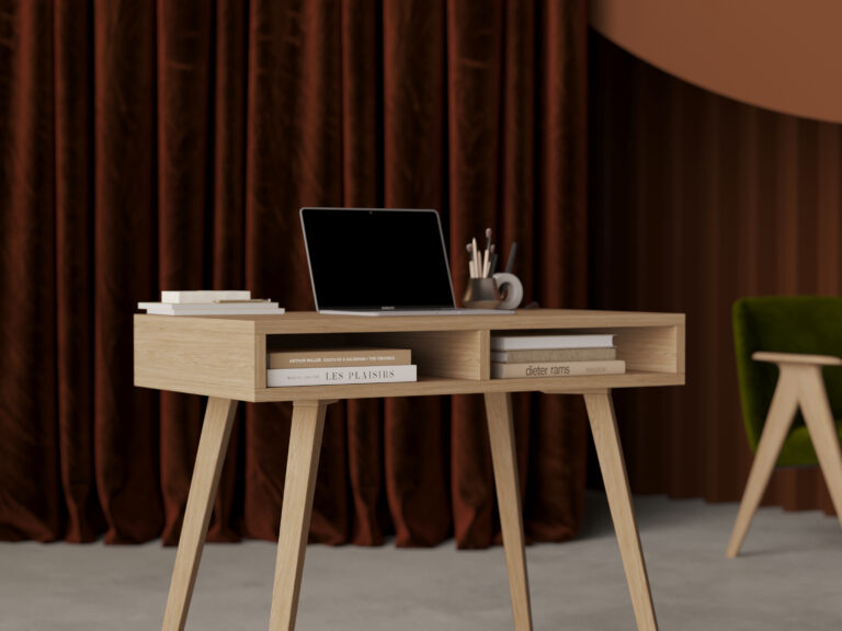 Bureau étroit en bois avec côtés et pieds en chêne massif