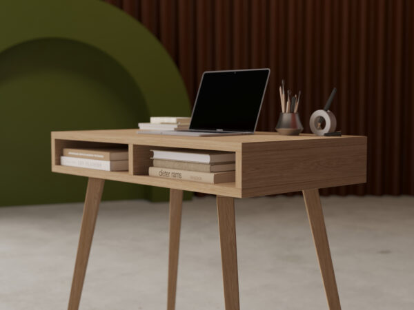 Bureau étroit en bois avec côtés et pieds en chêne massif