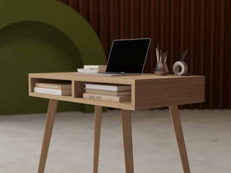 Bureau étroit en bois avec côtés et pieds en chêne massif