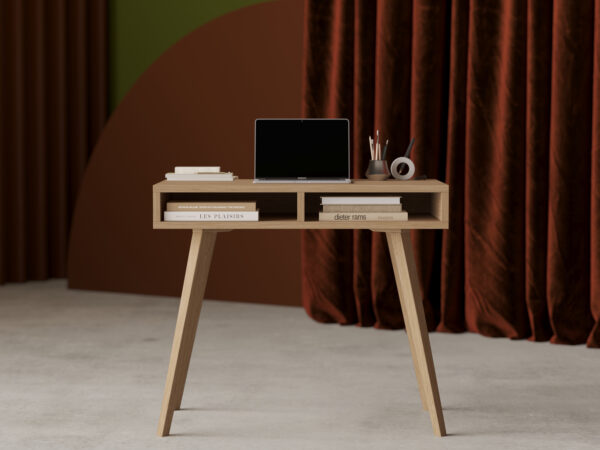 Bureau étroit en bois avec côtés et pieds en chêne massif
