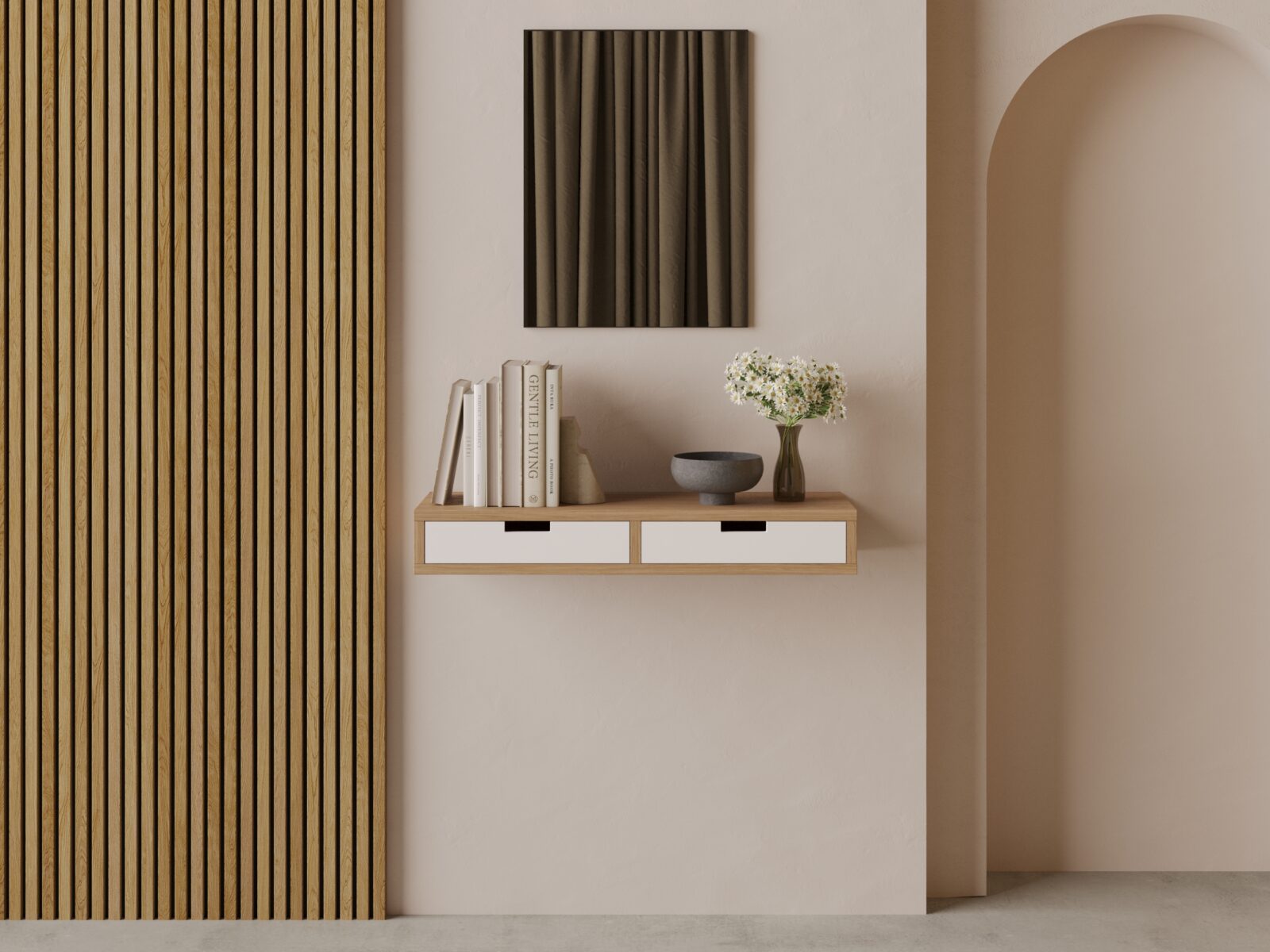 Console murale en bois avec tiroirs blancs