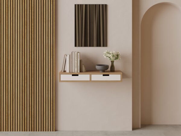 Console murale en bois avec tiroirs blancs