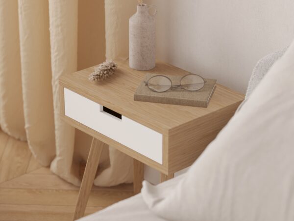 Petite table de chevet avec tiroir blanc, style scandinave