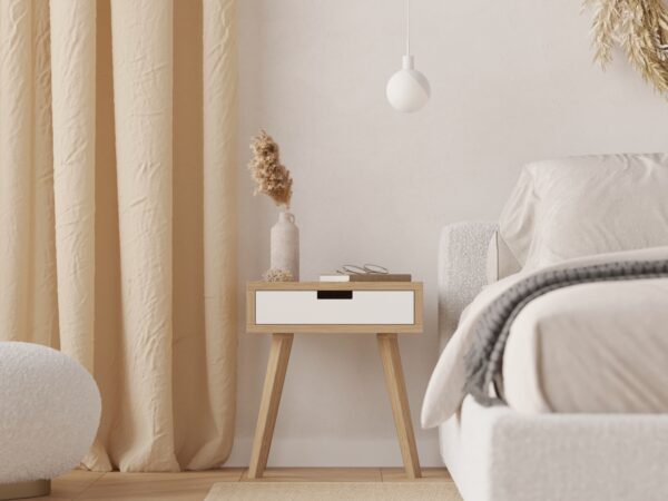 Petite table de chevet avec tiroir blanc, style scandinave