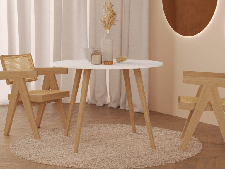 Table à manger ronde blanche avec pieds en chêne massif