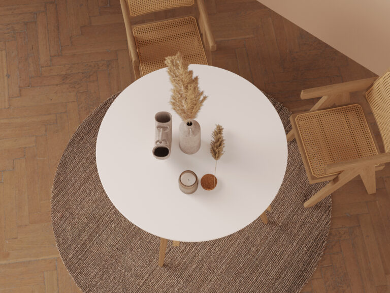 Table à manger ronde blanche avec pieds en chêne massif