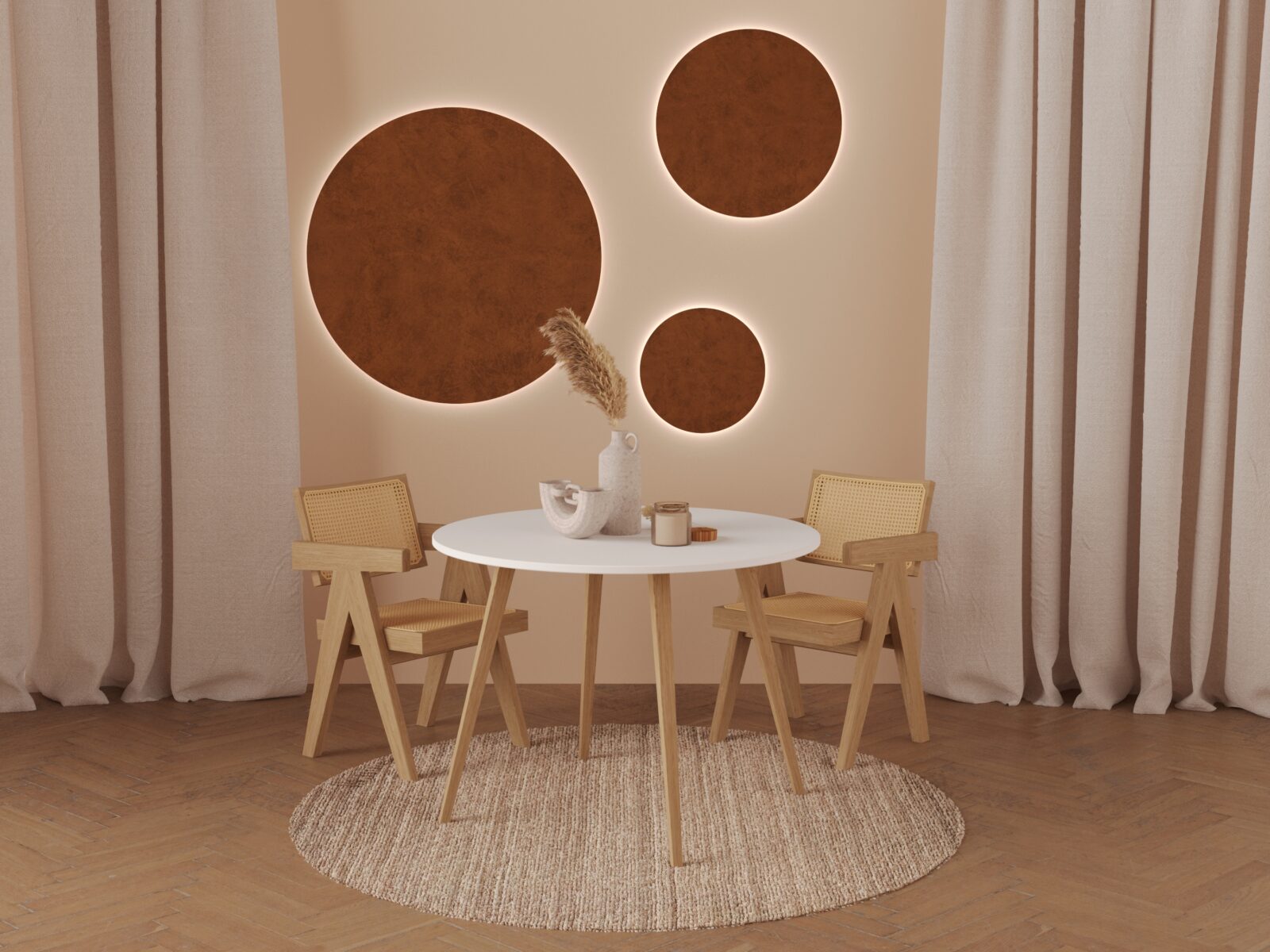 Table à manger ronde blanche avec pieds en chêne massif