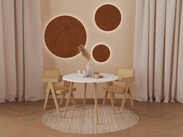 Table à manger ronde blanche avec pieds en chêne massif