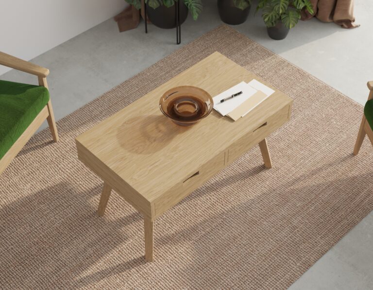 Table basse en chêne massif avec 2 tiroirs
