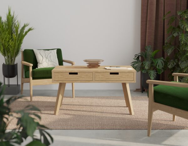 Table basse en chêne massif avec 2 tiroirs
