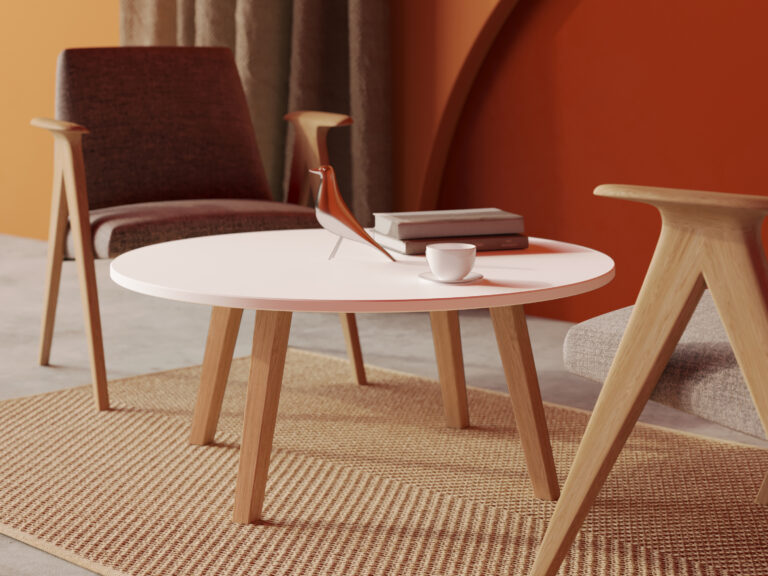 Table basse ronde blanche 90 cm avec pieds en bois