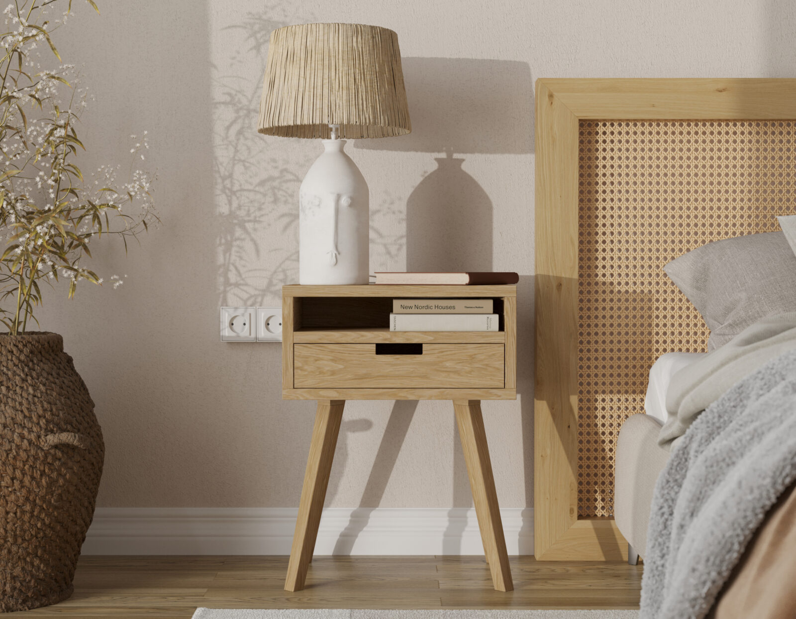 Table de chevet en chêne massif avec tiroir, pour lit boxspring