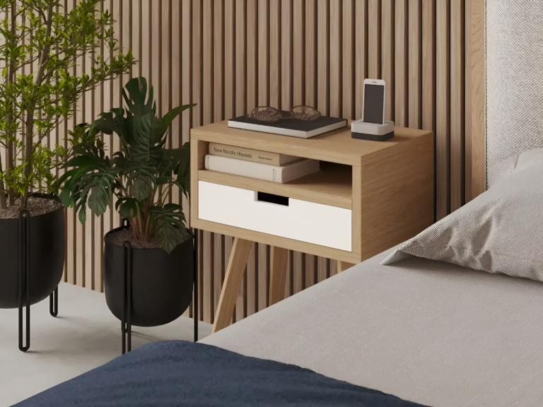 Table de chevet minimaliste en chêne massif avec tiroir et niche