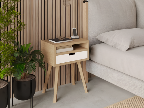 Table de chevet minimaliste en chêne massif avec tiroir et niche