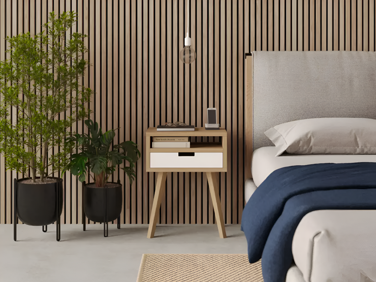 Table de chevet minimaliste en chêne massif avec tiroir et niche