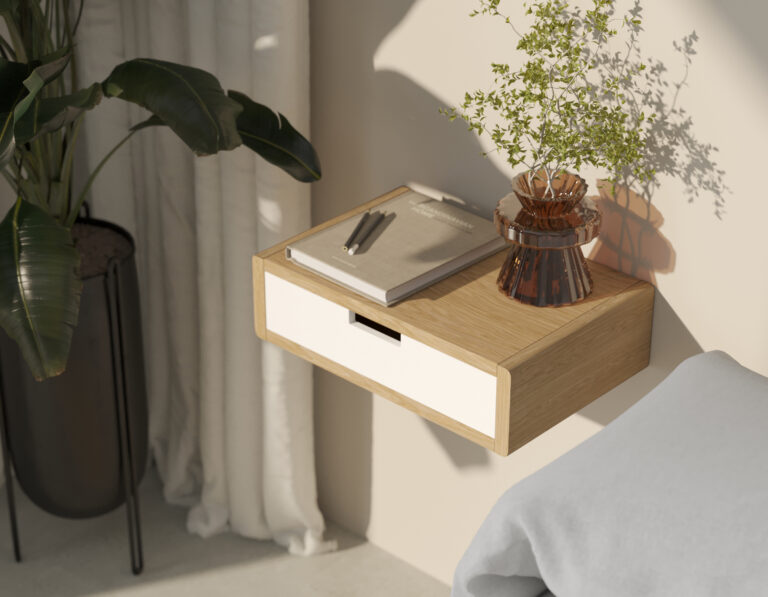 Table de chevet suspendue en bois avec tiroir blanc, style scandinave