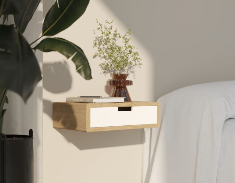Table de chevet suspendue en bois avec tiroir blanc, style scandinave