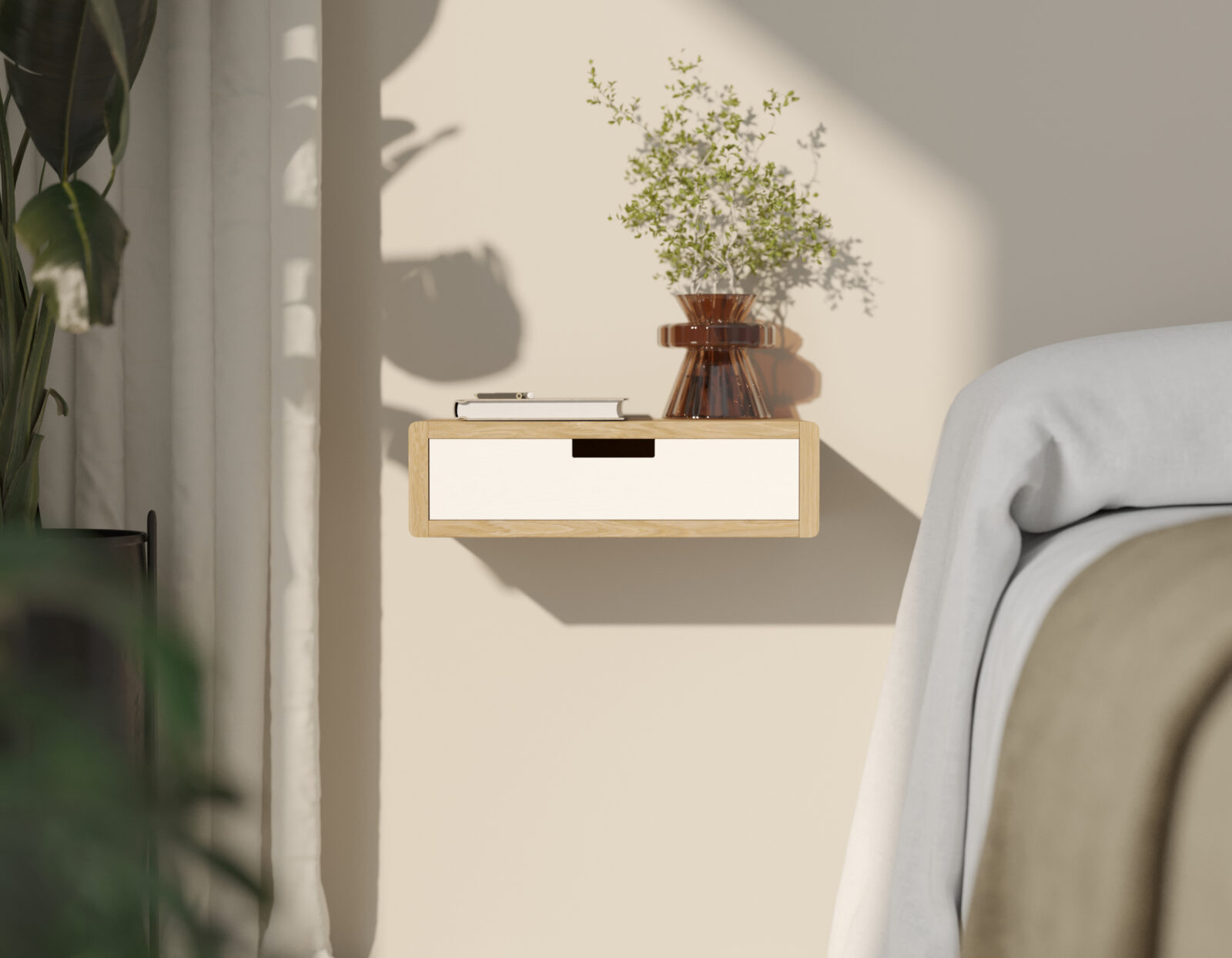 Table de chevet suspendue en bois avec tiroir blanc, style scandinave