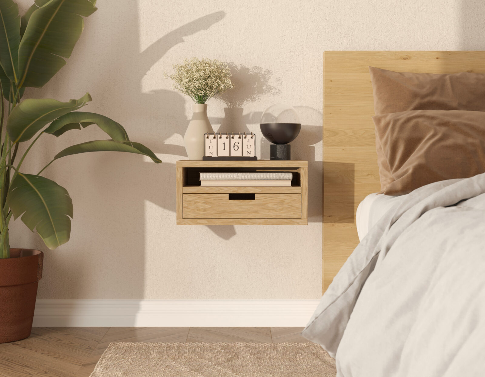 Table de chevet suspendue moderne en chêne avec tiroir et niche