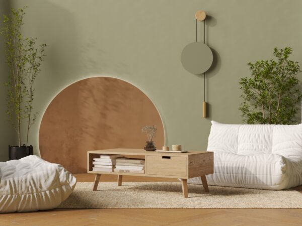 Table basse en chêne 120 x 60 cm avec tiroir, aux angles arrondis