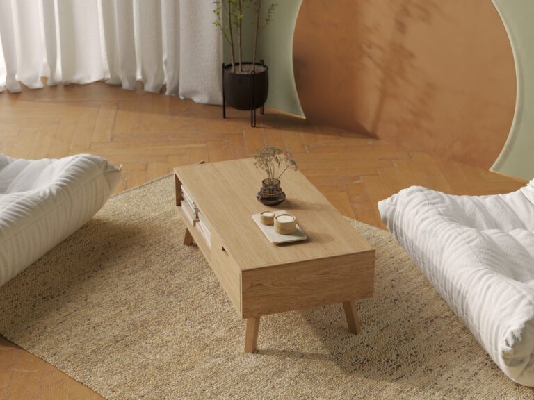 Table basse en chêne 120 x 60 cm avec tiroir, aux angles arrondis2