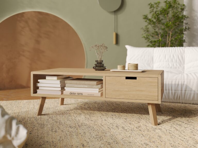 Table basse en chêne 120 x 60 cm avec tiroir, aux angles arrondis3