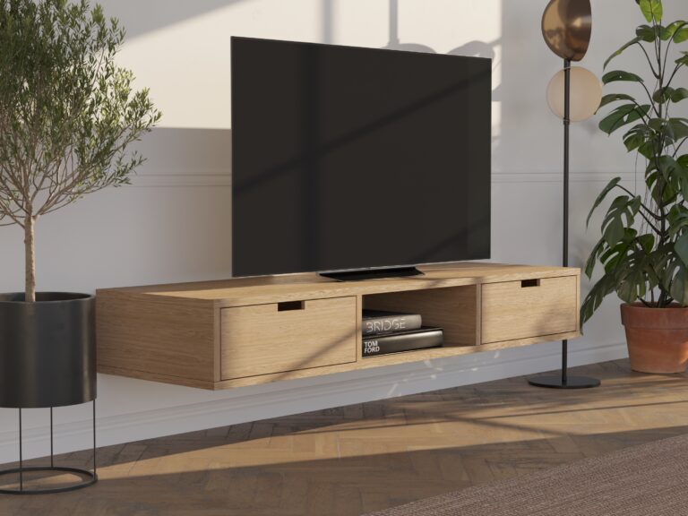 Meuble TV suspendu en chêne 150 cm avec tiroirs