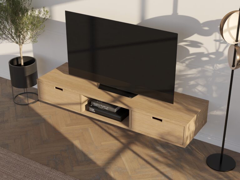 Meuble TV suspendu en chêne 150 cm avec tiroirs