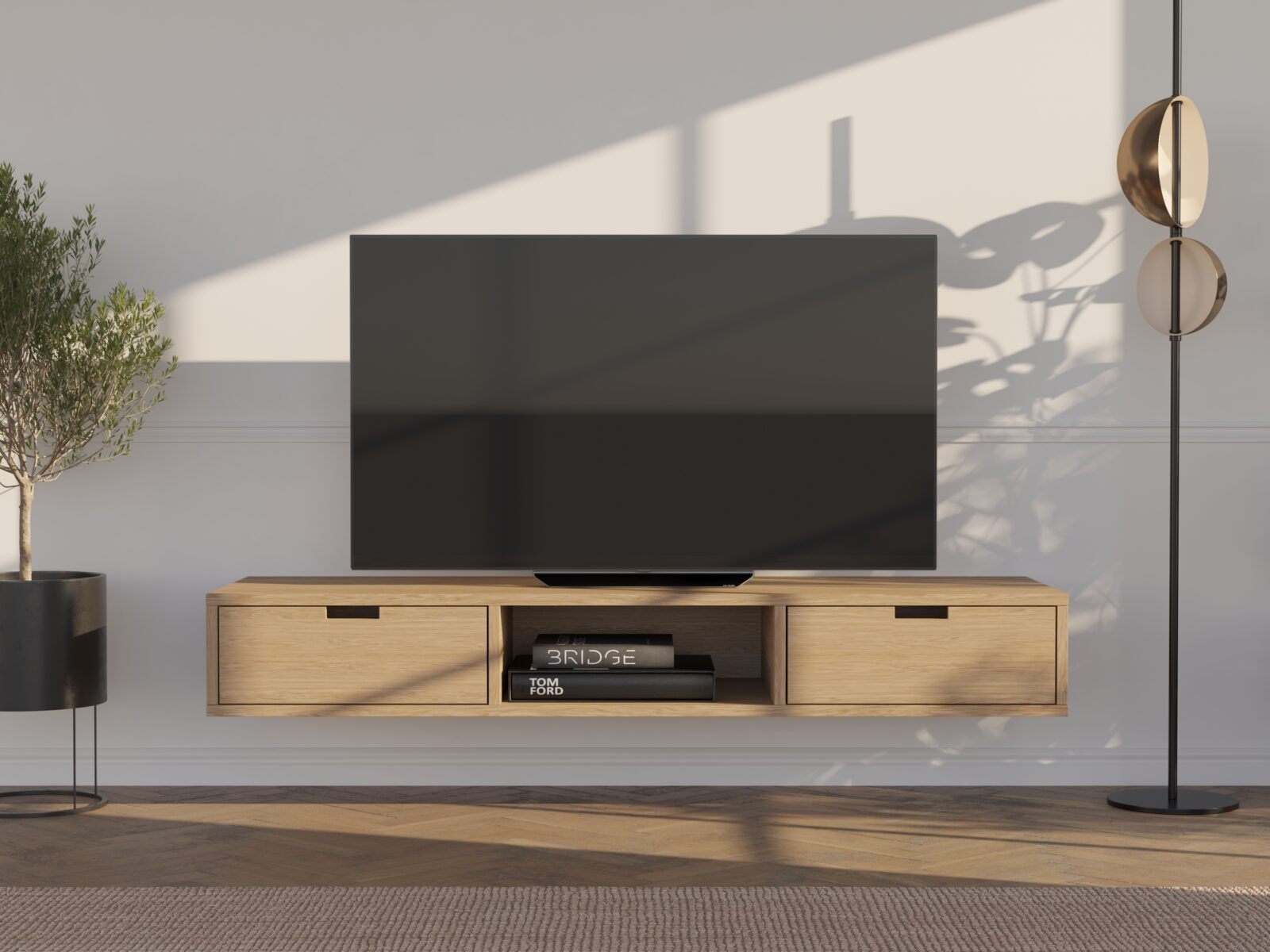 Meuble TV suspendu en chêne 150 cm avec tiroirs