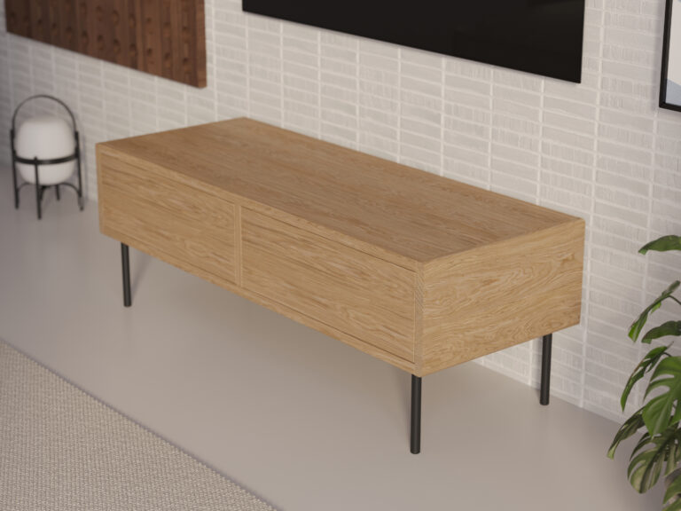 Petit meuble TV en bois 120 cm aux angles arrondis, style loft