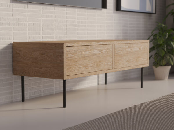 Petit meuble TV en bois 120 cm aux angles arrondis, style loft
