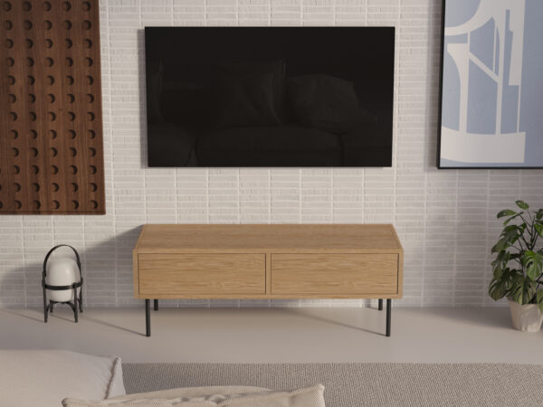 Petit meuble TV en bois 120 cm aux angles arrondis, style loft