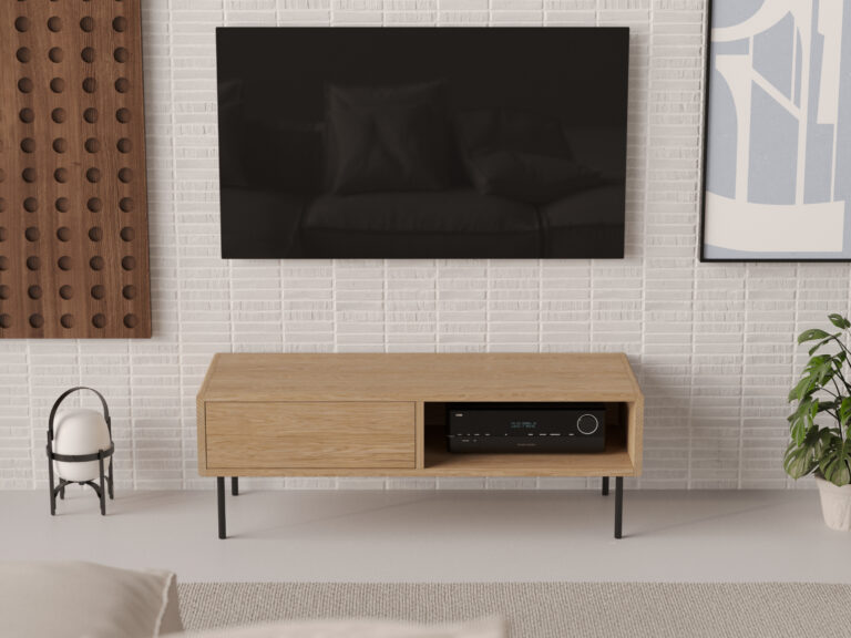 Petit meuble TV en bois 120 x 45 cm aux angles arrondis, style loft