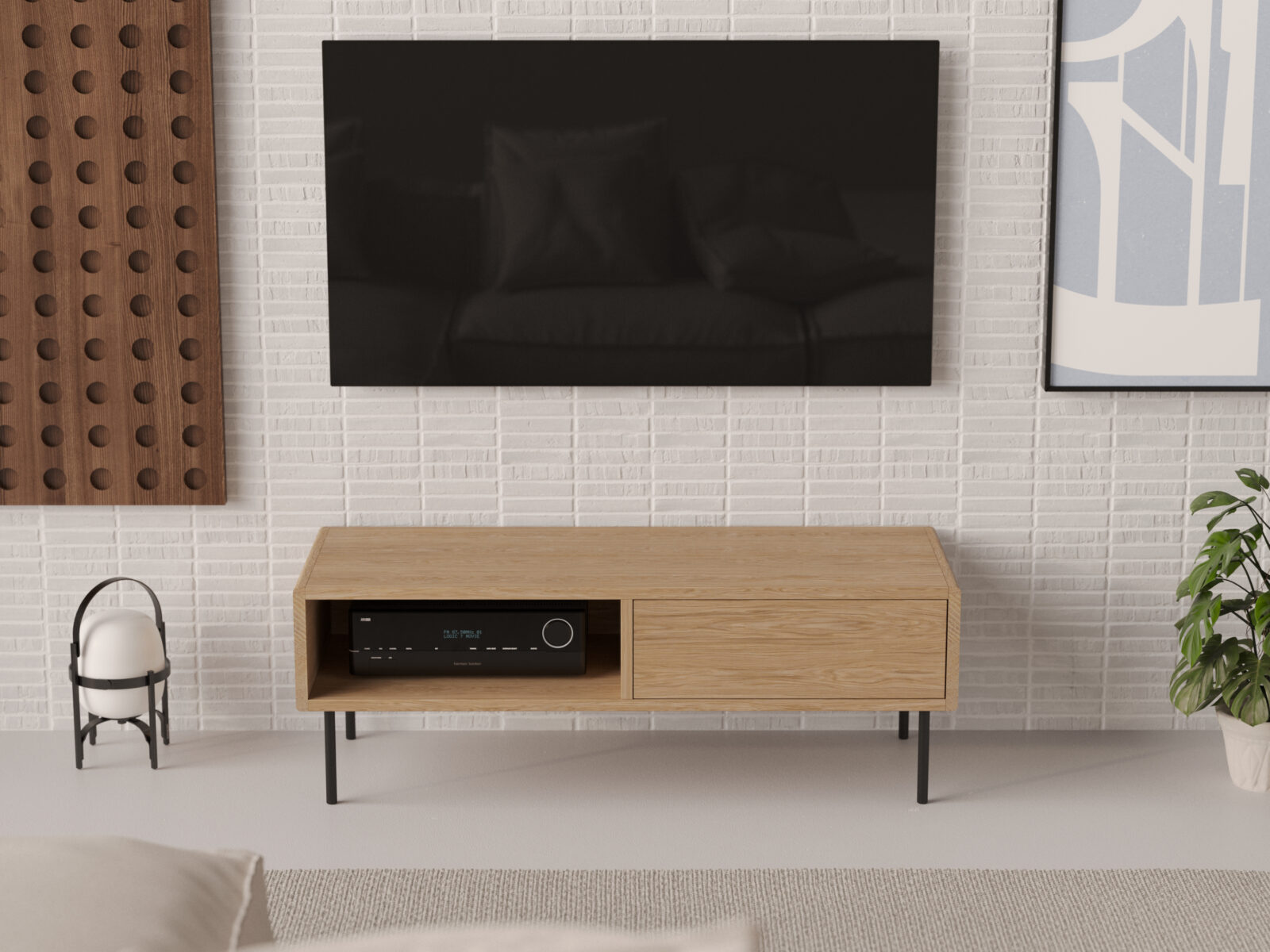 Petit meuble TV en bois 120 x 45 cm aux angles arrondis, style loft