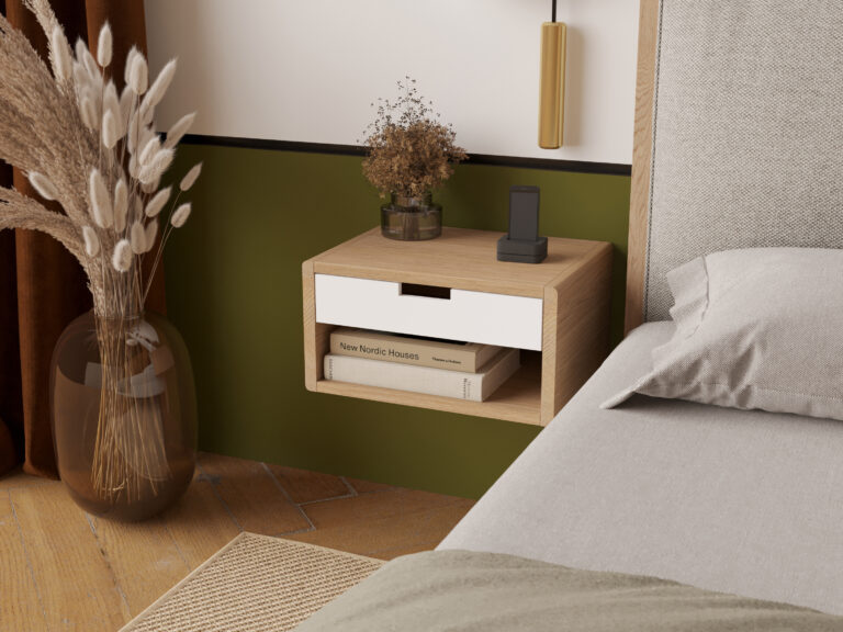 Table de chevet suspendue en bois avec tiroir blanc et niche