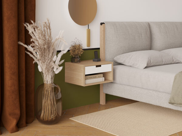 Table de chevet suspendue en bois avec tiroir blanc et niche
