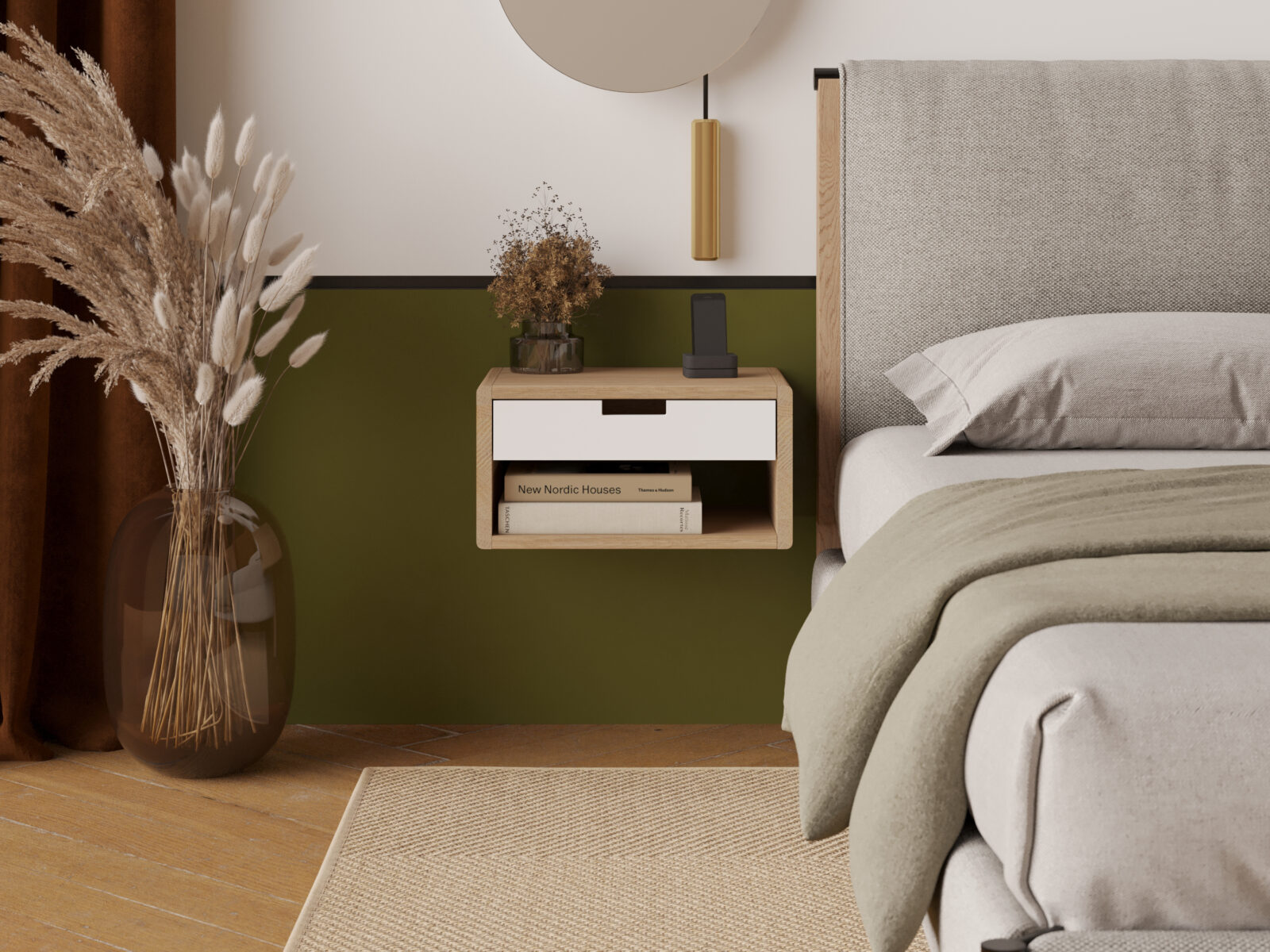 Table de chevet suspendue en bois avec tiroir blanc et niche