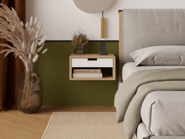 Table de chevet suspendue en bois avec tiroir blanc et niche