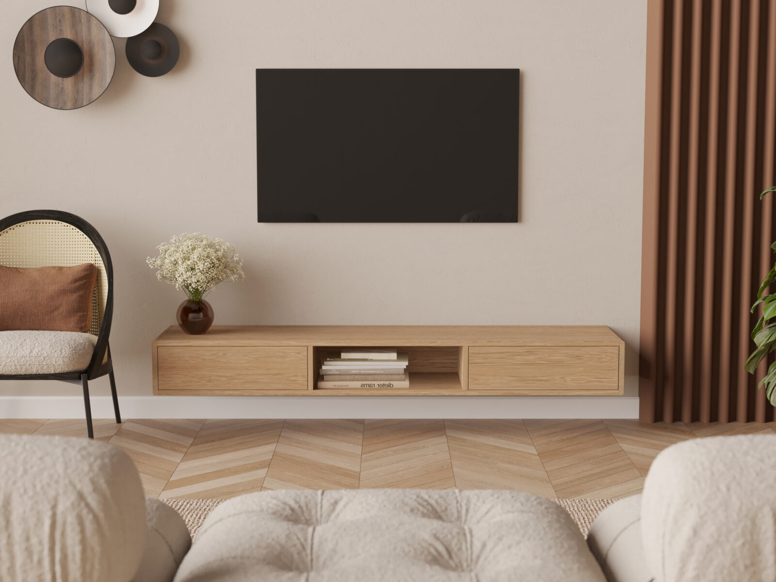 Meuble TV suspendu en bois 200 cm avec côtés arrondis en chêne massif
