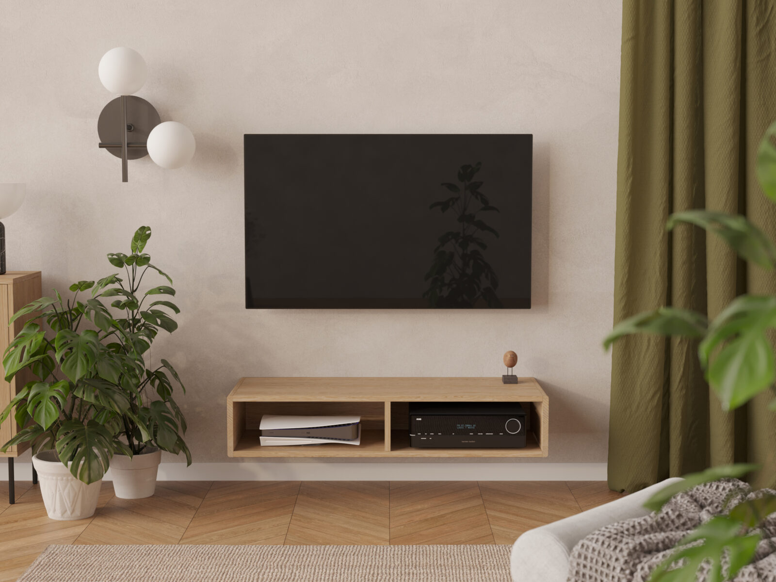 Meuble TV suspendu en chêne 120 cm avec étagères