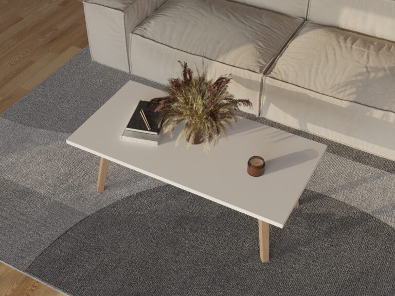 Table basse rectangulaire avec plateau blanc et pieds en bois
