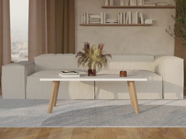Table basse rectangulaire avec plateau blanc et pieds en bois