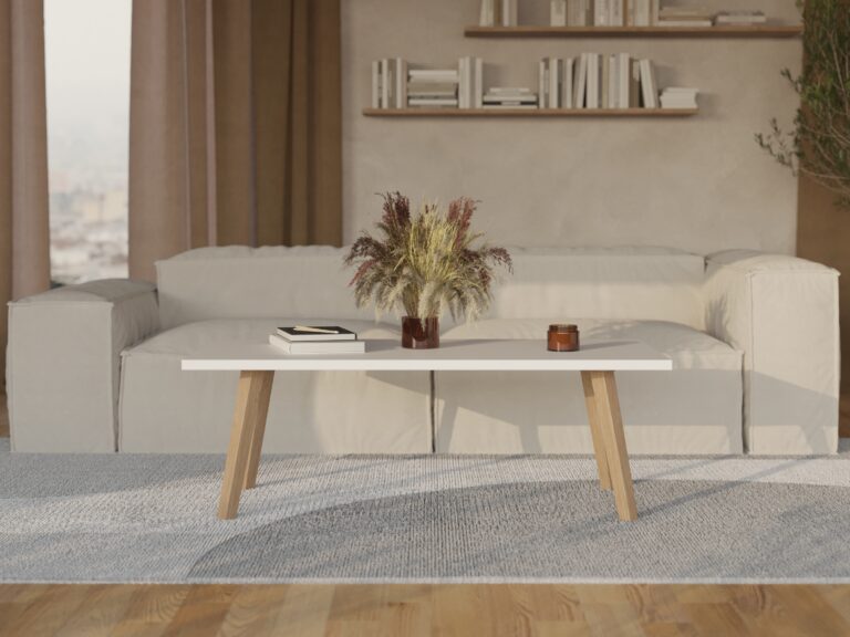 Table basse rectangulaire avec plateau blanc et pieds en bois
